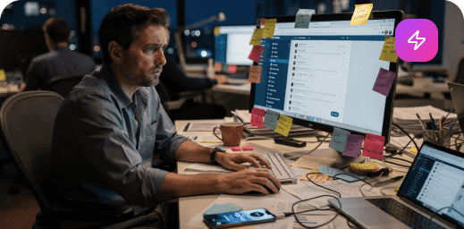 A woman looking concerned, surrounded by floating, glowing data charts in a dark environment.