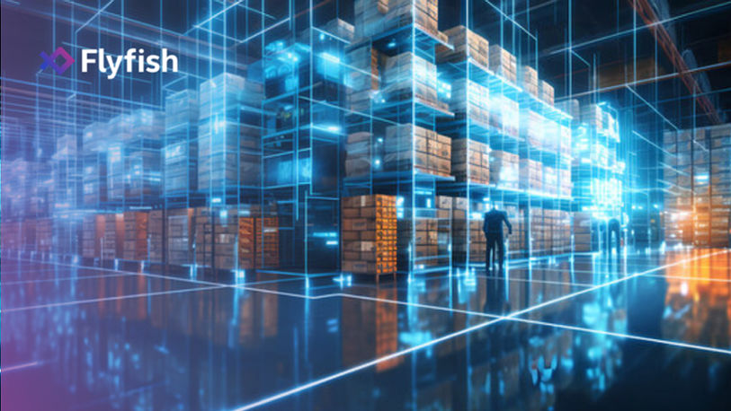 Futuristic digital warehouse with holographic displays enhancing inventory management, featuring the Flyfish logo, symbolizing advanced AI integration in consumer goods logistics.