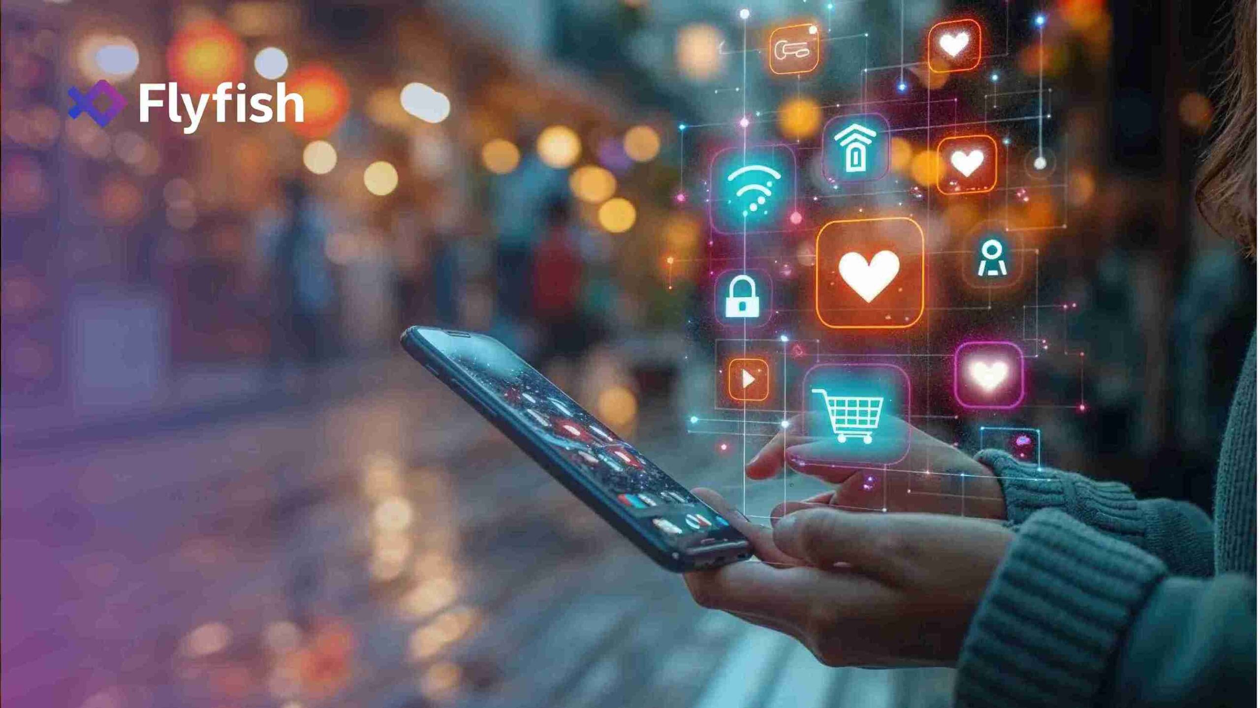 Person using a smartphone displaying various ecommerce icons, symbolizing AI in ecommerce data validation for secure online shopping.