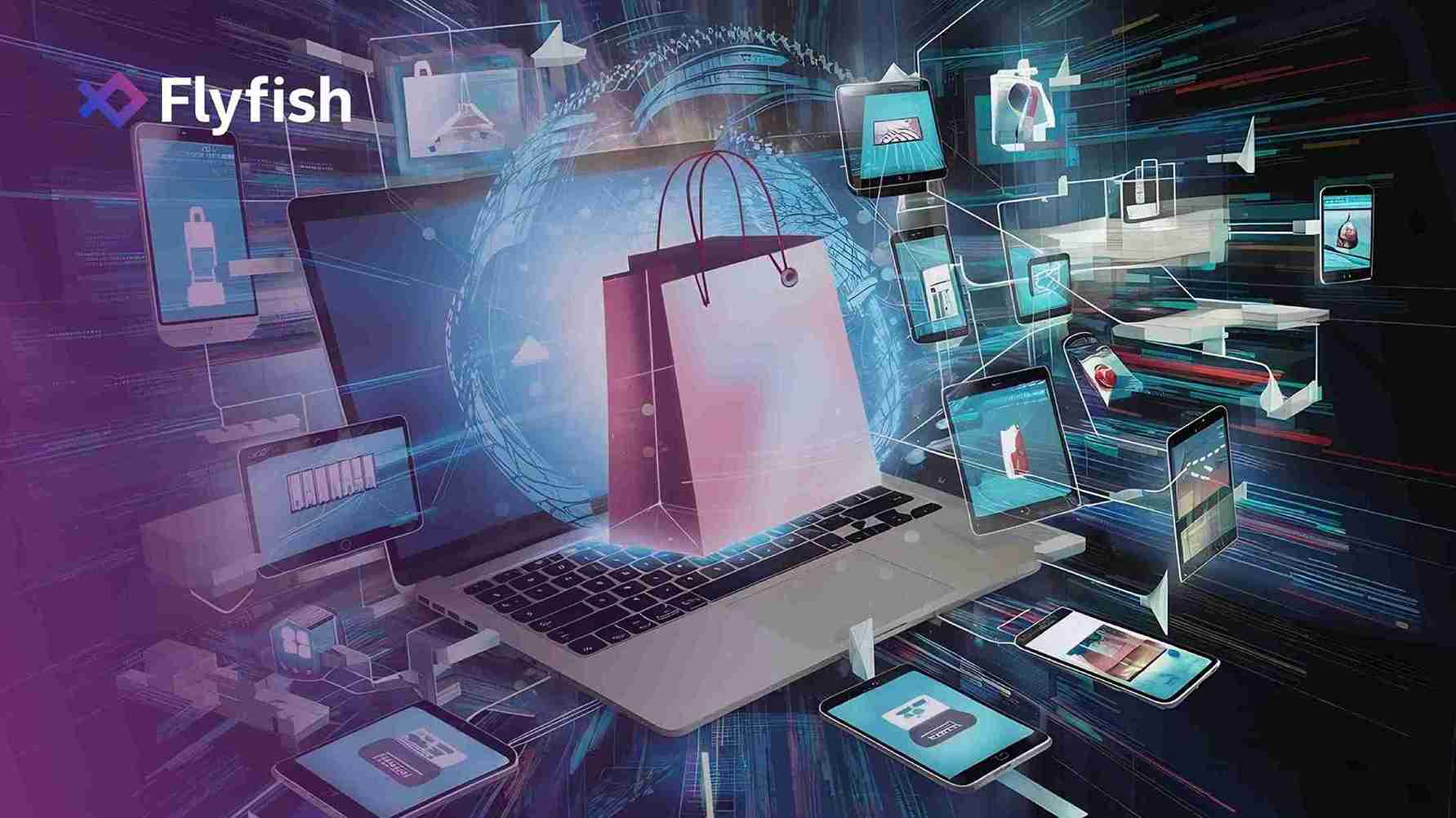 Flyfish logo over a futuristic digital marketplace, featuring interconnected devices and a shopping bag, showcasing Responsible AI.